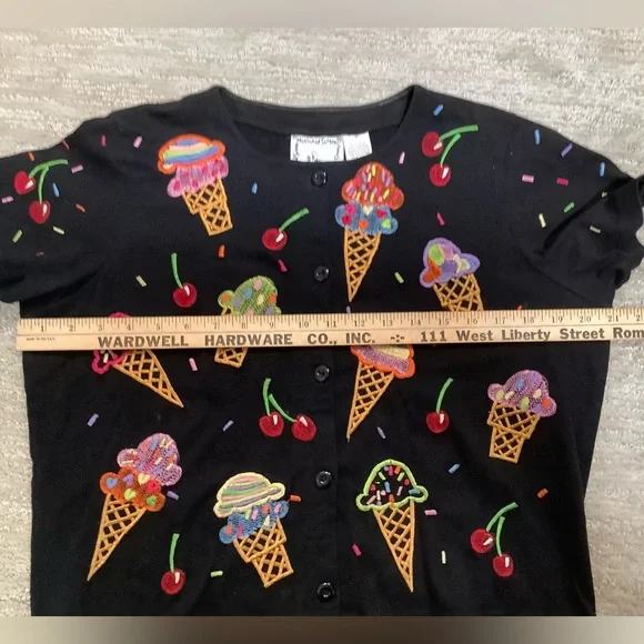 Vintage 90s Michael Simon Black cardigan embroidered Ice Cream and Cherry - Picture 5 of 7